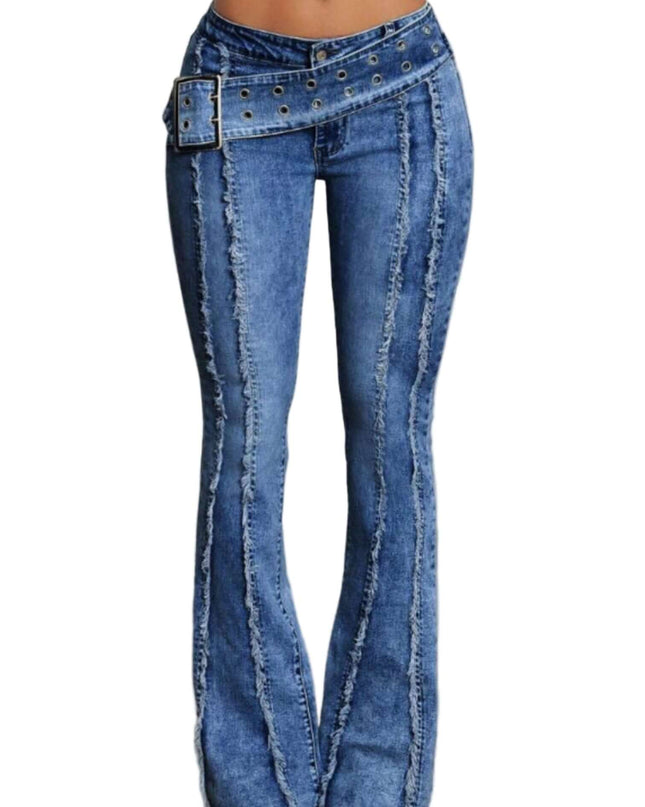 Blue jeans with decorative belt and stitching on a plain background