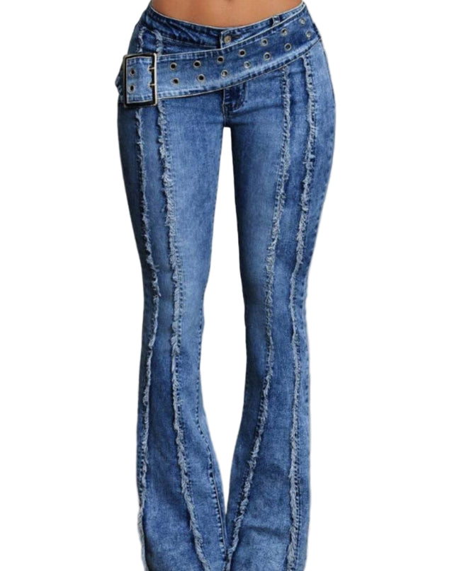 Blue jeans with decorative belt and stitching on a plain background