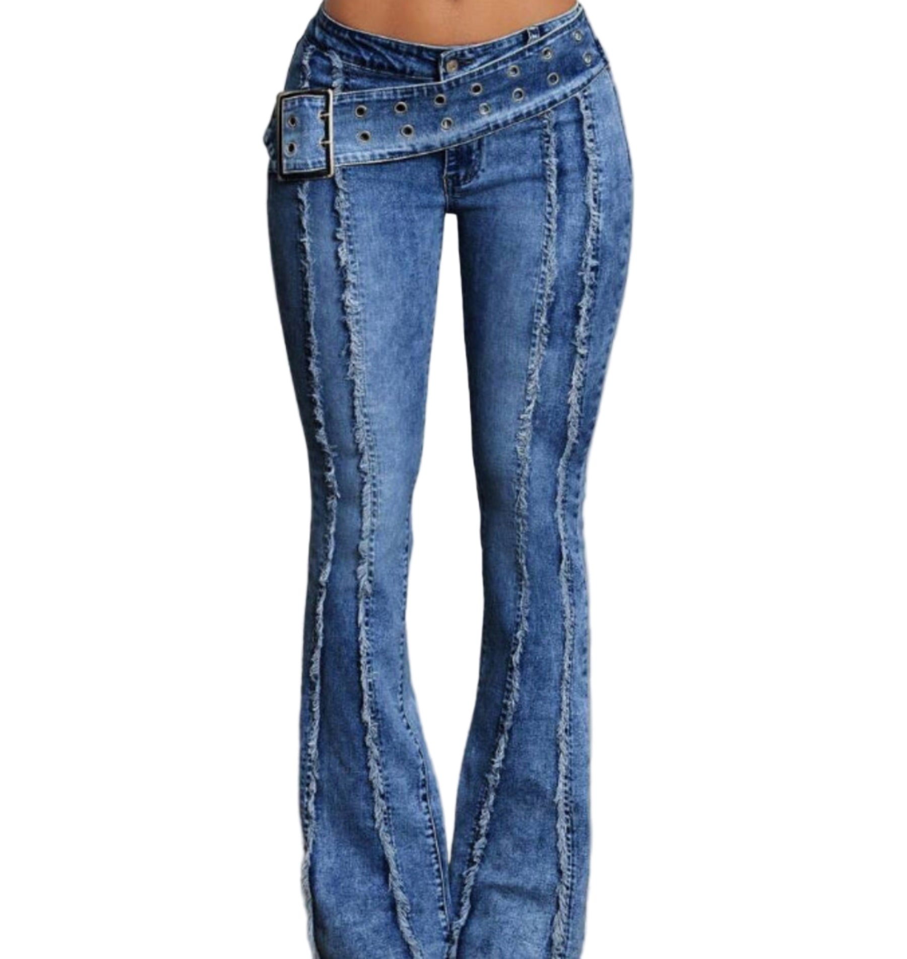 Blue jeans with decorative belt and stitching on a plain background