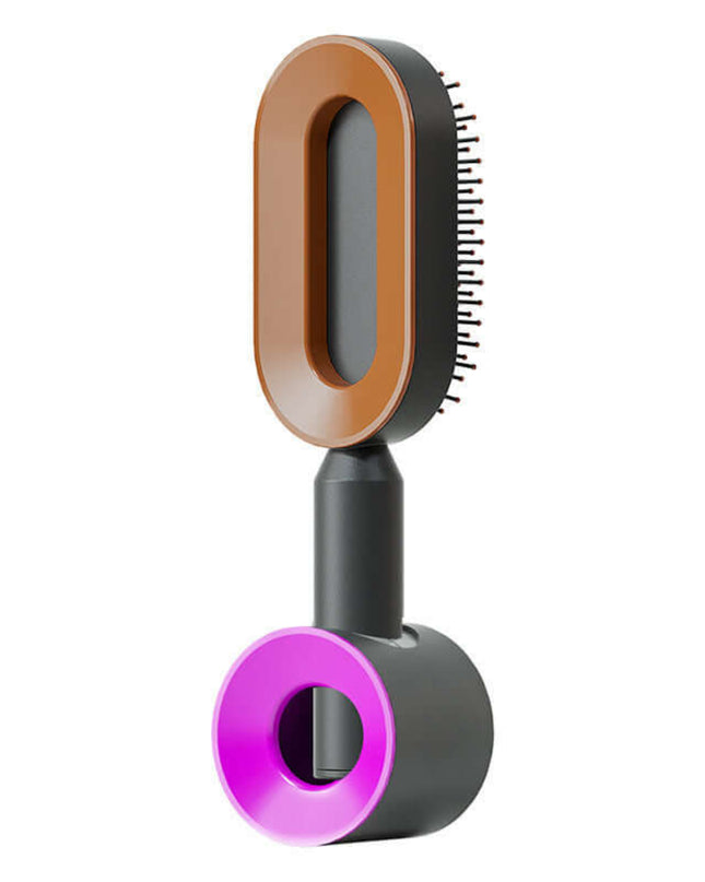Grooming tool with brown and purple accents on a white background