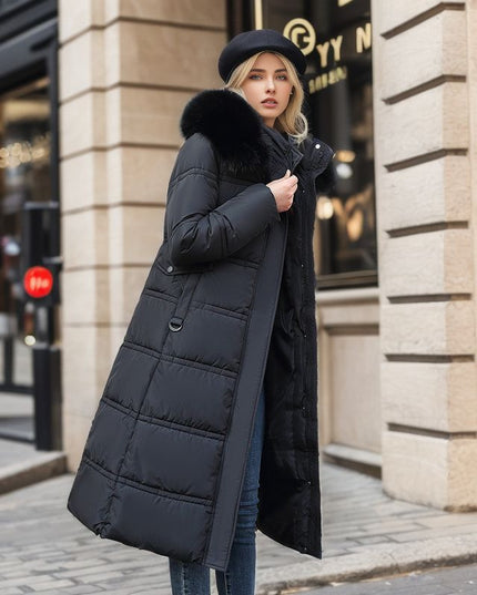 women's winter long jacket with fur hood in black, stylish and warm coat for cold weather, ideal for winter fashion.