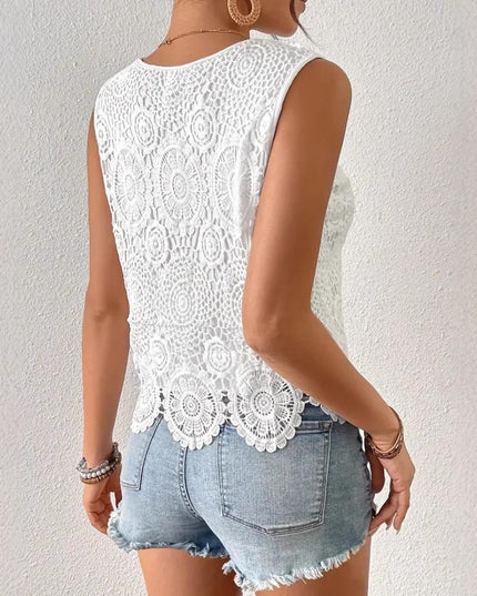 Womens Floral Lace Tank Top Sleeveless Blouse Crew Neck Hollow Out Summer Casual Shirt