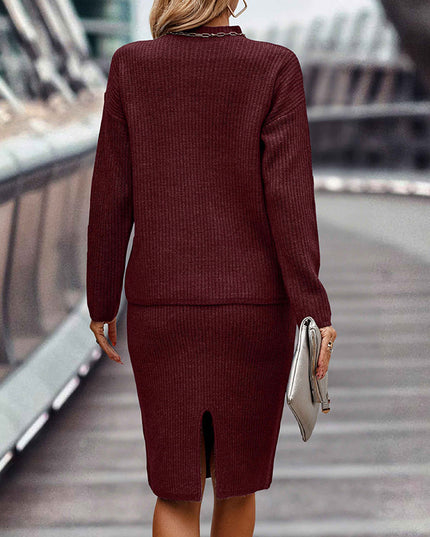 Women's two piece pullover sweater and skirt outfit in maroon, showcasing a cozy and stylish back view.