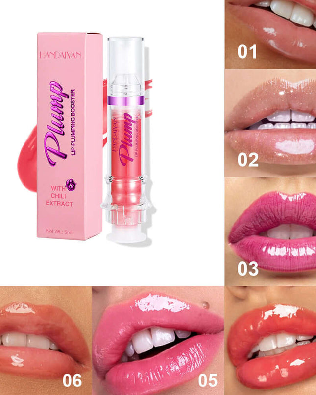 Lip Plump Booster with Chili Extract showcasing six glossy lip colors, highlighting smooth, shiny lips.