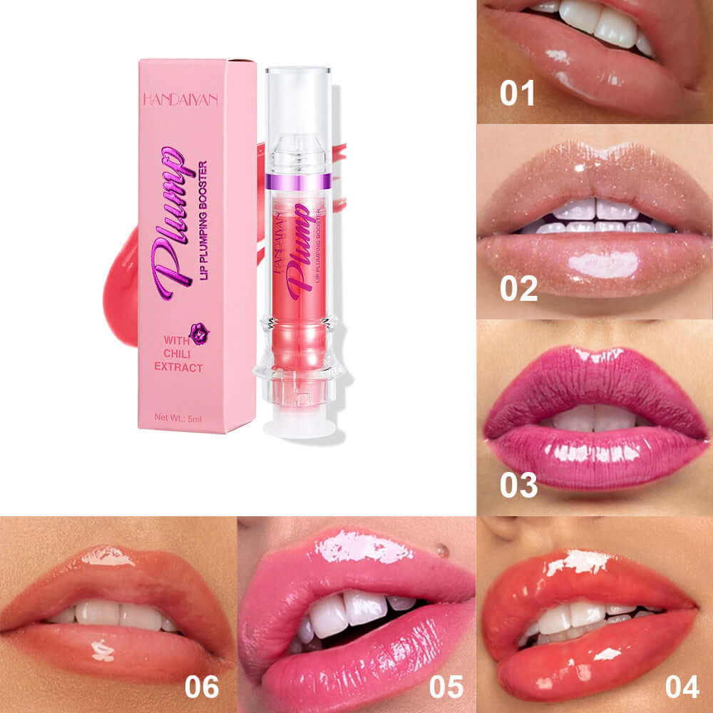 Lip Plump Booster with Chili Extract showcasing six glossy lip colors, highlighting smooth, shiny lips.