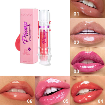 Lip Plump Booster with Chili Extract showcasing six glossy lip colors, highlighting smooth, shiny lips.