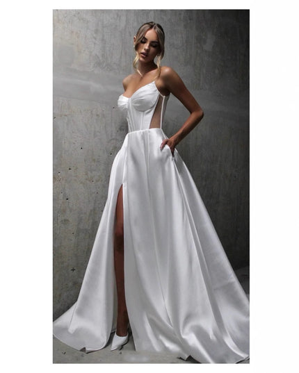White Satin Slit Pocket Bandage Wedding Dress