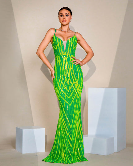 V-neck Strap Sequined Fishtail Evening Dress