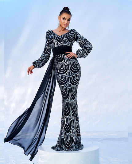 Long Sleeve Sexy Long Sequined V-neck Banquet Ribbon Evening Dress