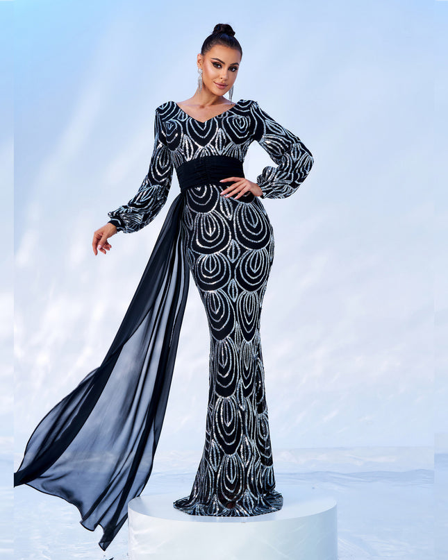 Long Sleeve Sexy Long Sequined V-neck Banquet Ribbon Evening Dress