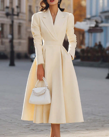 Women's V-Neck Long Sleeve Midi Dress With Pockets - Elegant Swing A-Line Party Dress For Wedding Guest