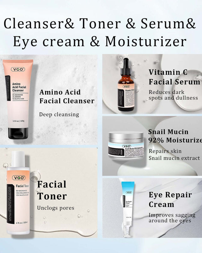 Skincare routine products: Cleansing gel, facial toner, vitamin C serum, eye cream, and snail moisturizer.
