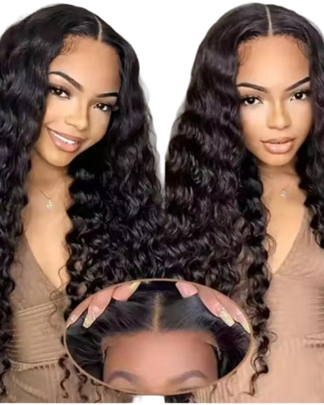 Woman holding a lace wig with long, wavy hair