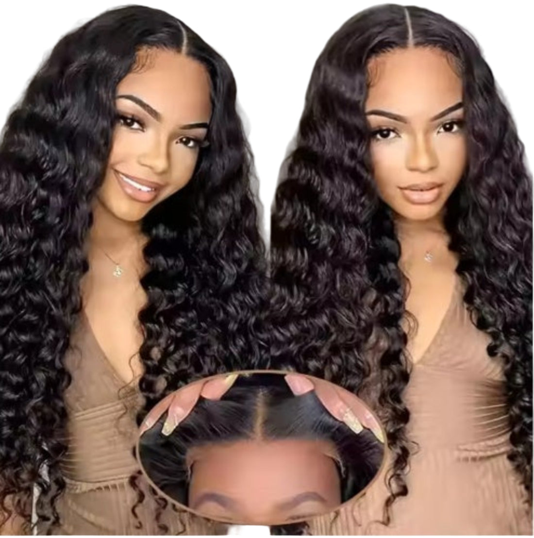 Woman holding a lace wig with long, wavy hair
