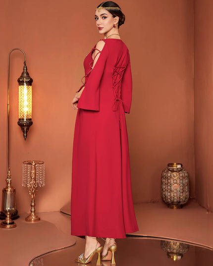 Red Designer Model Heavy Industry Hand Sewing Drill Off-the-shoulder Dress