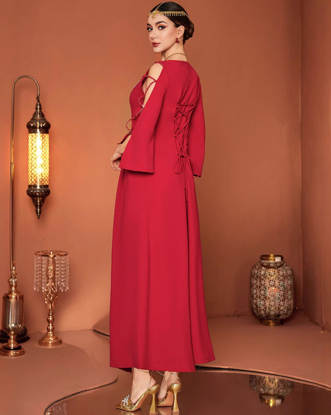 Red Designer Model Heavy Industry Hand Sewing Drill Off-the-shoulder Dress