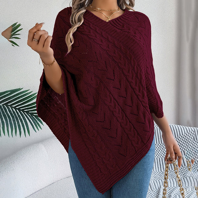 Women's Solid Color V-Neck Cape Sweater Batwing Sleeve Open-Knit Cardigan With Asymmetrical Hem