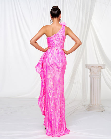 One-shoulder Diagonal Collar Sequined Slit Evening Dress