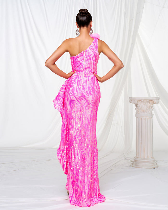 One-shoulder Diagonal Collar Sequined Slit Evening Dress