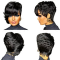 Collage of a woman with a stylish black hairstyle from multiple angles.