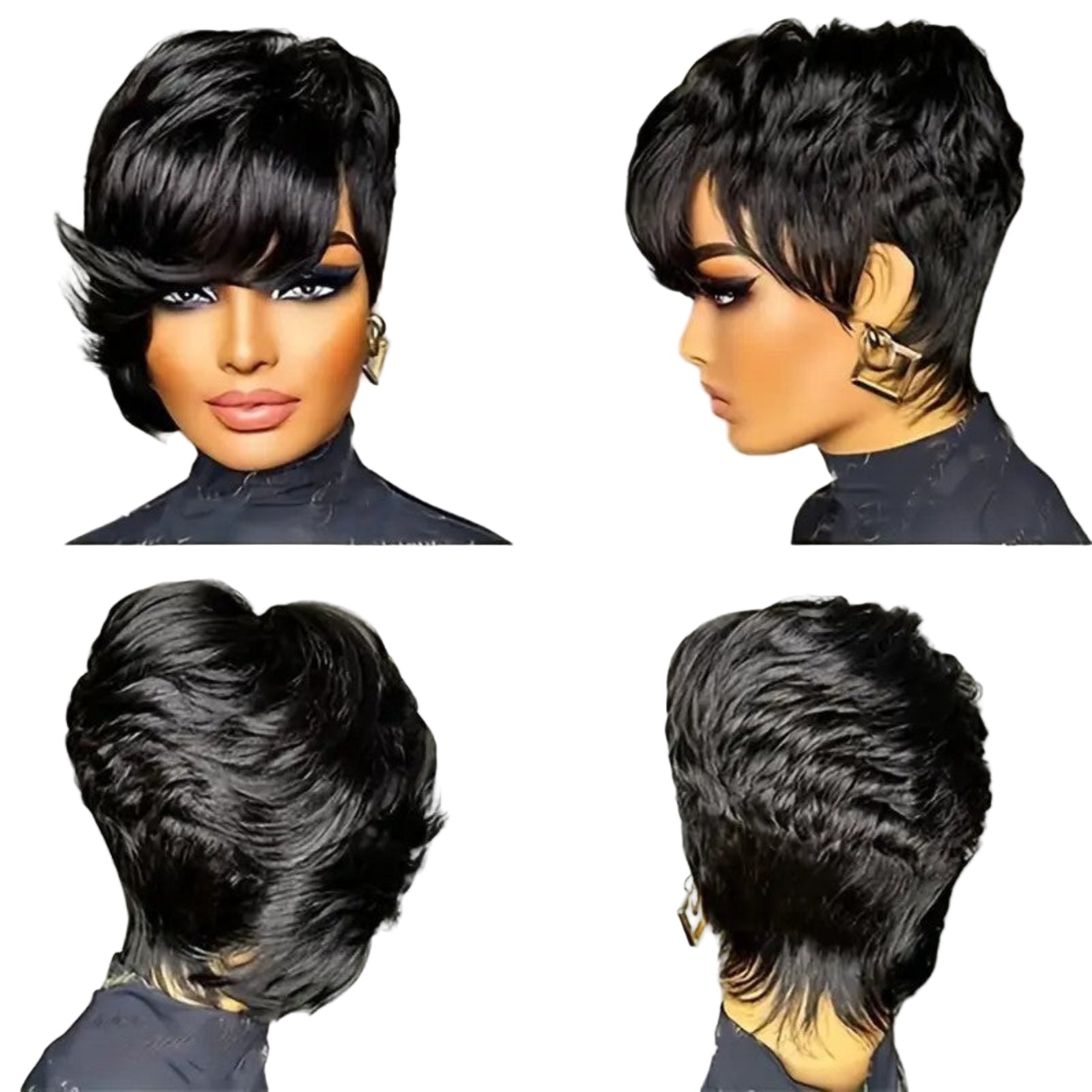 Collage of a woman with a stylish black hairstyle from multiple angles.