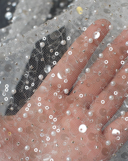 Sequined Pearl Embroidery Lace Asymmetric Single Sleeve Dress