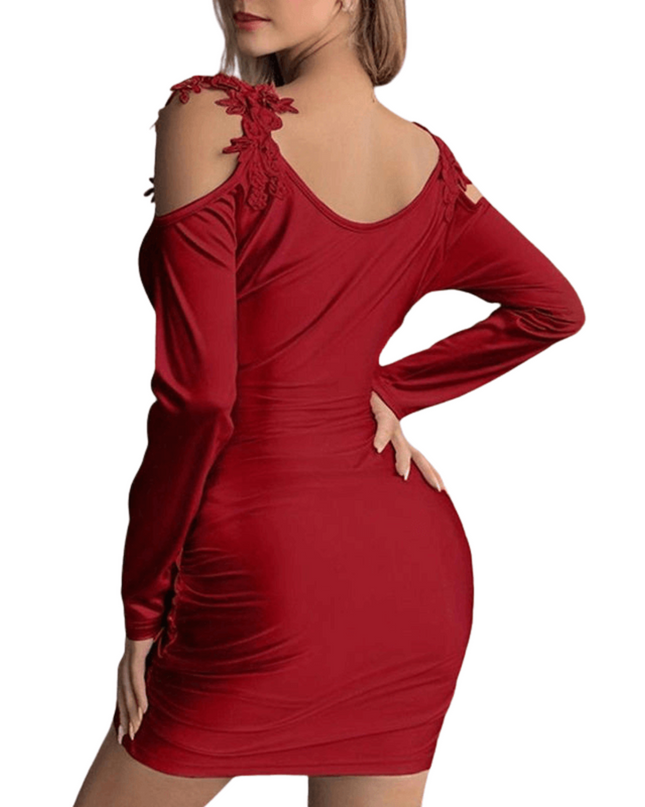 Red dress with long sleeves and cut-out shoulders on a white background