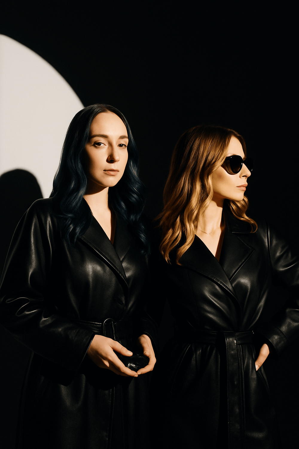 Two women in black leather jackets standing against a dark background with a moonlit sky.