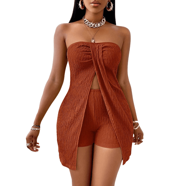 Women's 2 Piece Outfits Elegant Strapless Ruched High Slit Tube Top And High Waist Skinny Shorts Shorts Set
