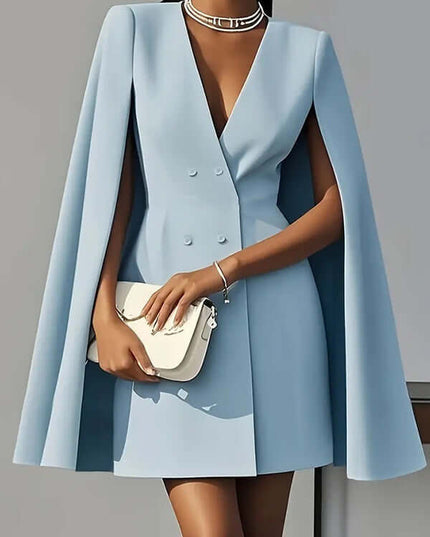 Women's Elegant Solid Color V Neck Double-Breasted Cape Blazer Dress Spring & Summer Party