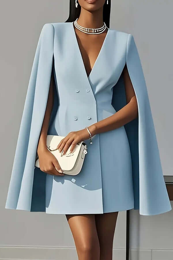Women's Elegant Solid Color V Neck Double-Breasted Cape Blazer Dress Spring & Summer Party