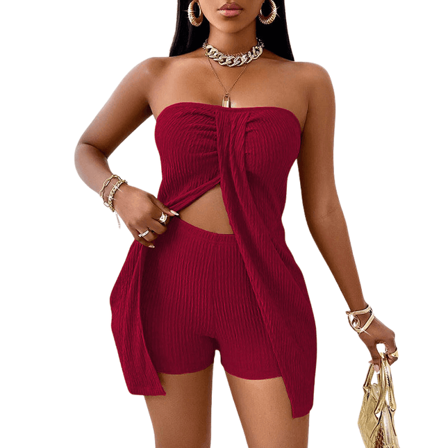 Women's 2 Piece Outfits Elegant Strapless Ruched High Slit Tube Top And High Waist Skinny Shorts Shorts Set