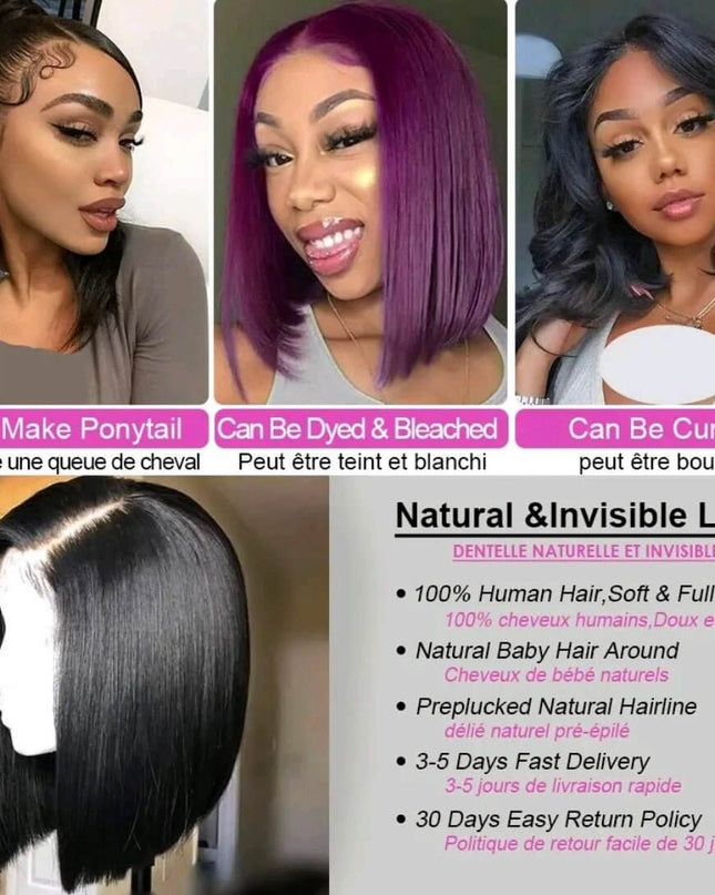 human hair wigs glueless 13×4 Bob lace wig  -  Straight  Hair Natural look, pre -Plucked With  Baby Hair