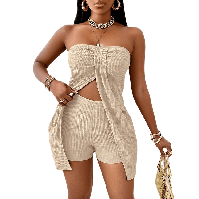 Women's 2 Piece Outfits Elegant Strapless Ruched High Slit Tube Top And High Waist Skinny Shorts Shorts Set
