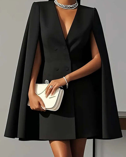 Women's Elegant Solid Color V Neck Double-Breasted Cape Blazer Dress Spring & Summer Party
