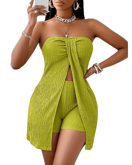 Women's 2 Piece Outfits Elegant Strapless Ruched High Slit Tube Top And High Waist Skinny Shorts Shorts Set