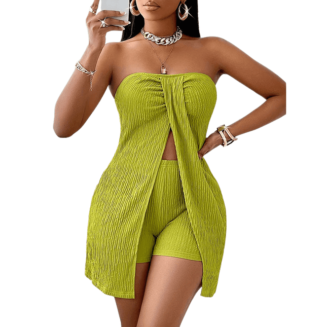 Women's 2 Piece Outfits Elegant Strapless Ruched High Slit Tube Top And High Waist Skinny Shorts Shorts Set