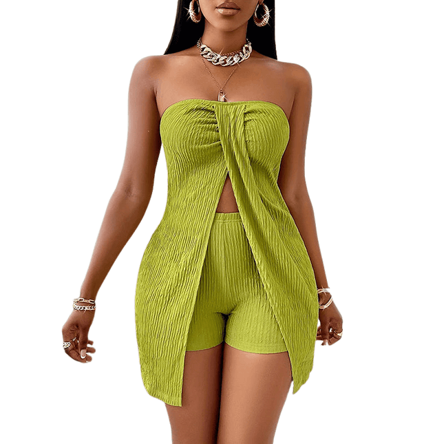 Women's 2 Piece Outfits Elegant Strapless Ruched High Slit Tube Top And High Waist Skinny Shorts Shorts Set