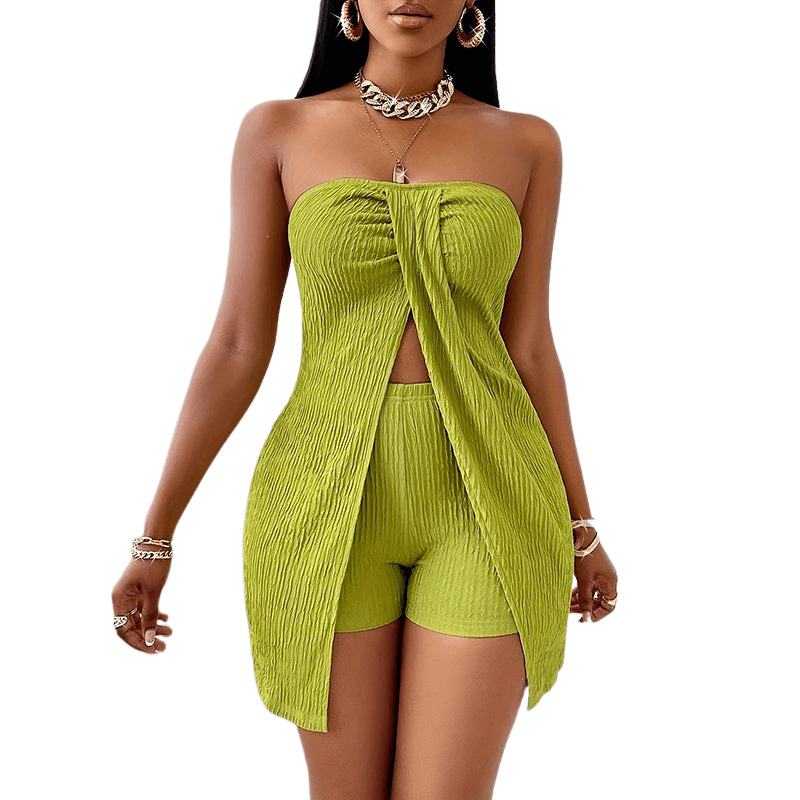 Women's 2 Piece Outfits Elegant Strapless Ruched High Slit Tube Top And High Waist Skinny Shorts Shorts Set